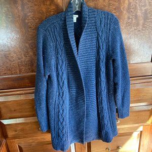 L.L. Bean Textured Donegal Sweater Open Cardigan with Front Cables - L